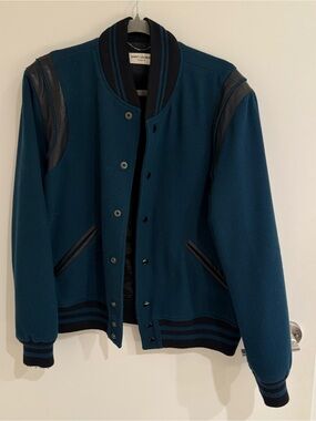 Saint Laurent Teal and Black Wool Teddy Varsity Jacket